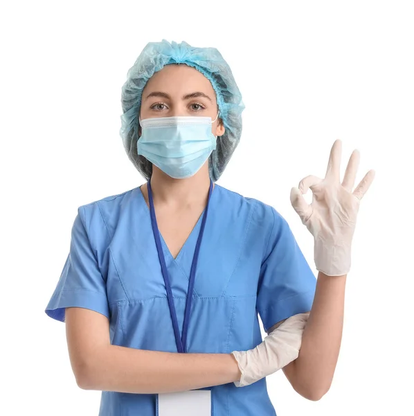 Female Nurse Medical Mask Showing White Background — Stock Photo, Image