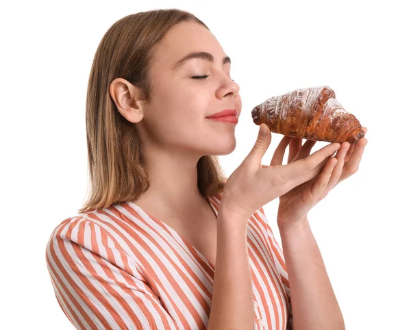 Samice Pekař Chutným Croissant Bílém Pozadí Detailní Záběr — Stock fotografie