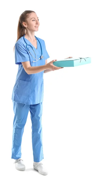 Female Medical Intern Folder White Background — Stok fotoğraf