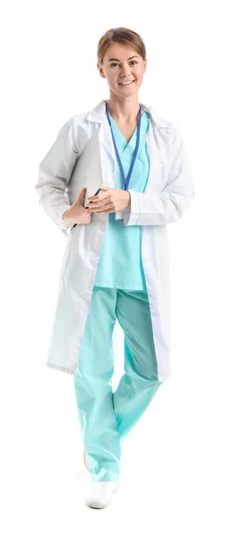 Female Doctor Laptop White Background — Stock Photo, Image