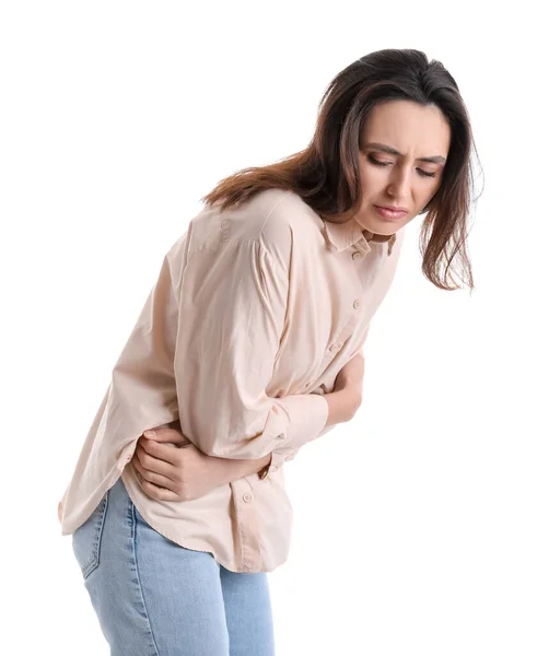 白い背景に腹痛を持つ若い女性 — ストック写真