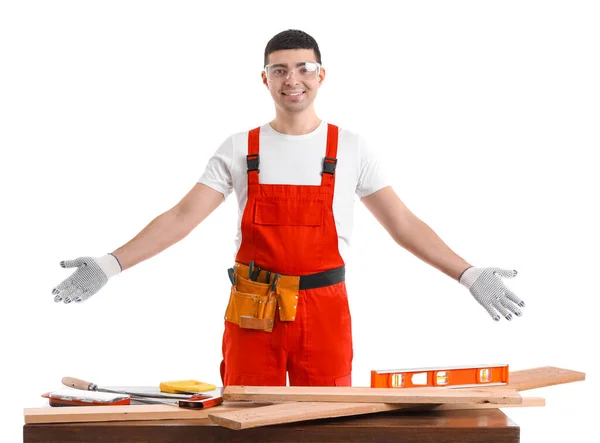 Young Carpenter Table Tools White Background — Stock Photo, Image