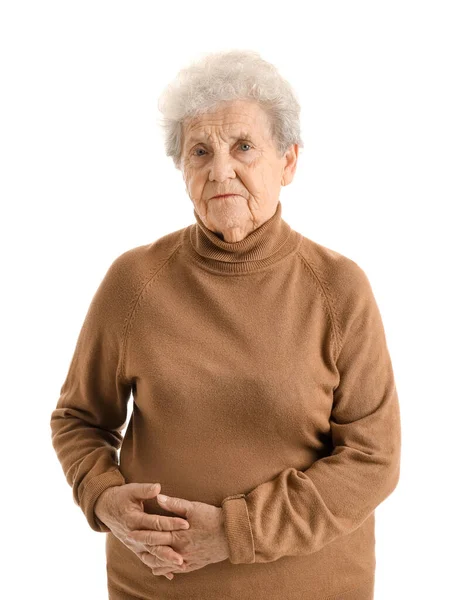 Beyaz Arka Planda Apandisiti Olan Yaşlı Bir Kadın — Stok fotoğraf