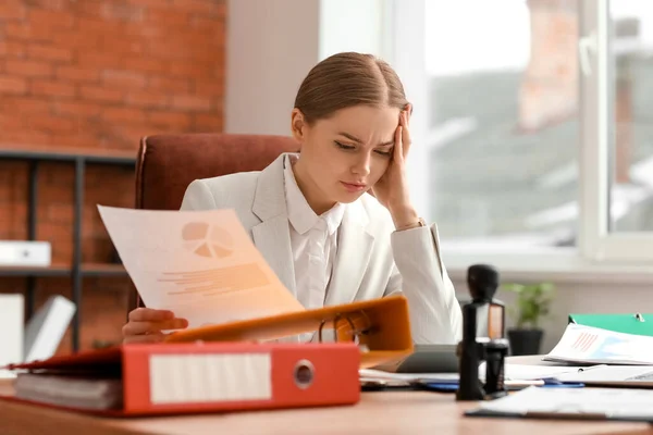 Stressed Female Accountant Document Table Office — Stock Photo, Image