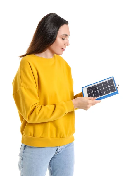 Hübsche Junge Frau Mit Tragbarem Solarpanel Isoliert Auf Weißem Hintergrund — Stockfoto