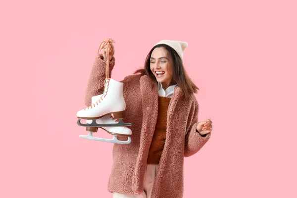 Pretty Young Woman Ice Skates Pink Background — Stock Photo, Image