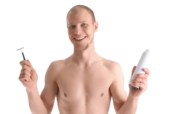 Young Man Shaving Foam Razor White Background — Stock Photo, Image