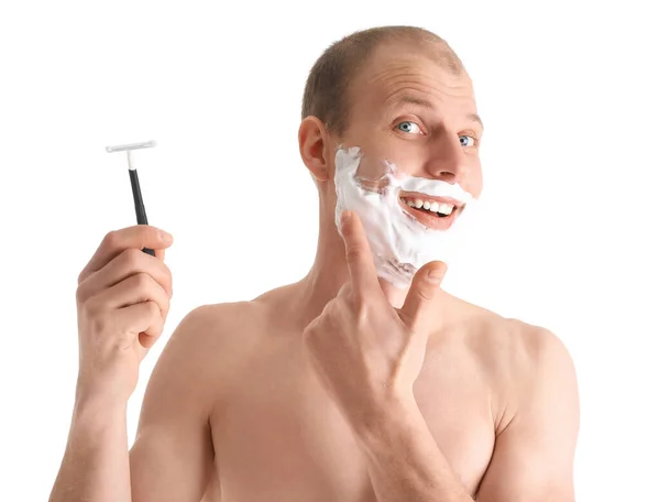 Young Man Shaving White Background — Stock Photo, Image