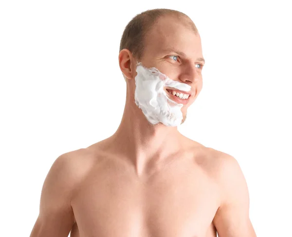 Young Man Shaving Foam Face White Background — Stock Photo, Image