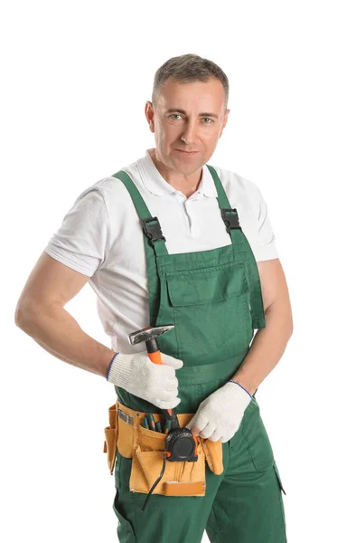 Mature Carpenter Taking Hammer Bag White Background — Stock Photo, Image
