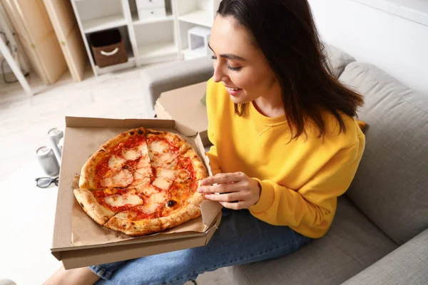 Beautiful Woman Box Tasty Pizza Sitting Sofa Home — Stock Photo, Image