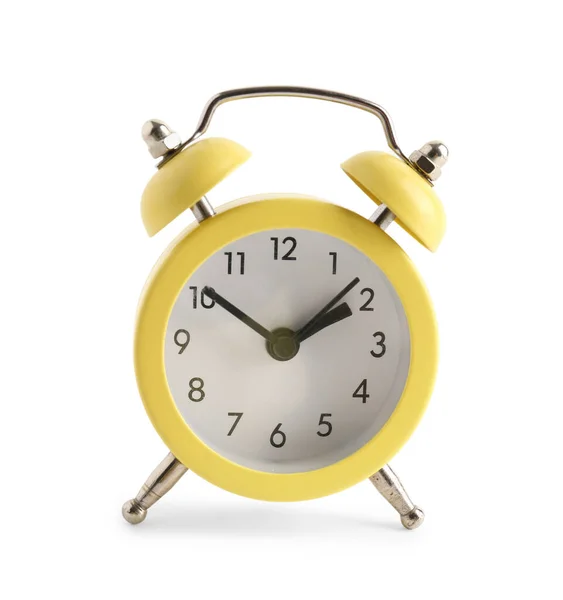 Relógio Alarme Amarelo Isolado Fundo Branco — Fotografia de Stock
