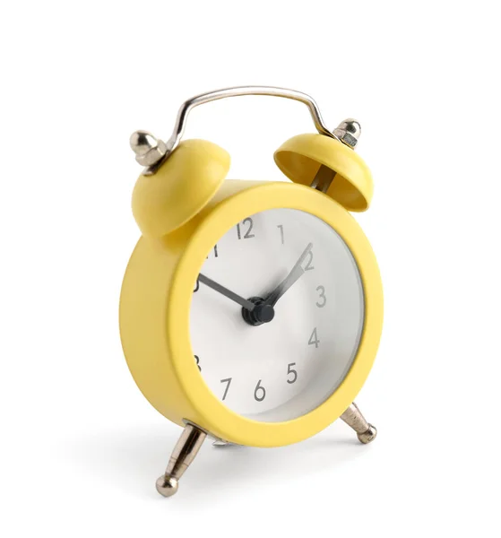 Reloj Despertador Amarillo Aislado Sobre Fondo Blanco —  Fotos de Stock