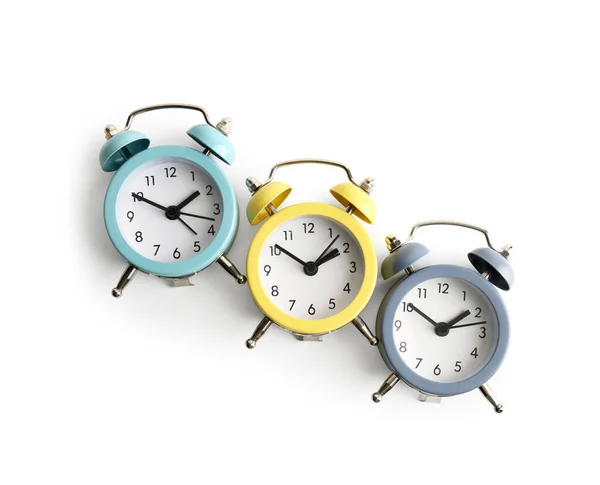 Jeu Horloges Alarme Sur Fond Blanc — Photo