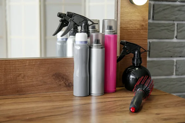 Different Hair Sprays Table Beauty Salon — Stock Photo, Image