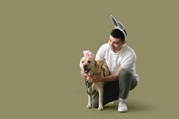Молодой Человек Милый Лабрадор Собака Кроличьи Уши Зеленом Фоне — стоковое фото