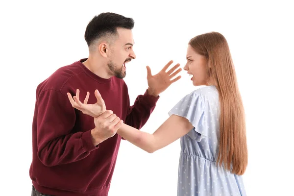 Angry Young Couple Shouting White Background Domestic Violence Concept — Stock Photo, Image