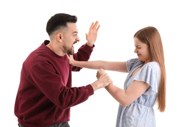 Angry Young Man Hurting His Wife White Background Domestic Violence — Stock Photo, Image