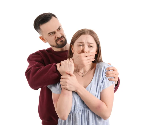 Young Man Shouting His Scared Wife Mouth White Background Domestic — Stock Photo, Image