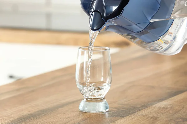 Pouring of water from modern filter jug into glass on kitchen counter, closeup