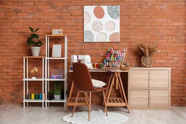 Interior Atelier Tailor Workplace Shelving Units Drawers — Stock Photo, Image
