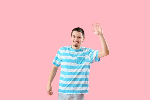 Handsome Young Man Waving Hand Pink Background — Stock Photo, Image