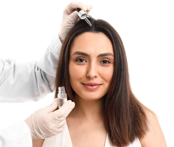 Cosmetologist Applying Serum Woman Hair White Background — Stock Photo, Image