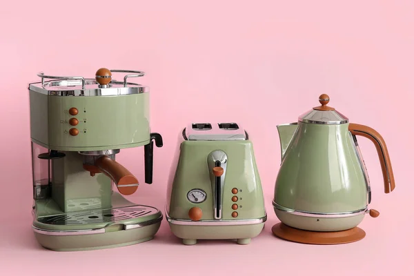 Coffee Machine Toaster Electric Kettle Pink Background — Stock Photo, Image