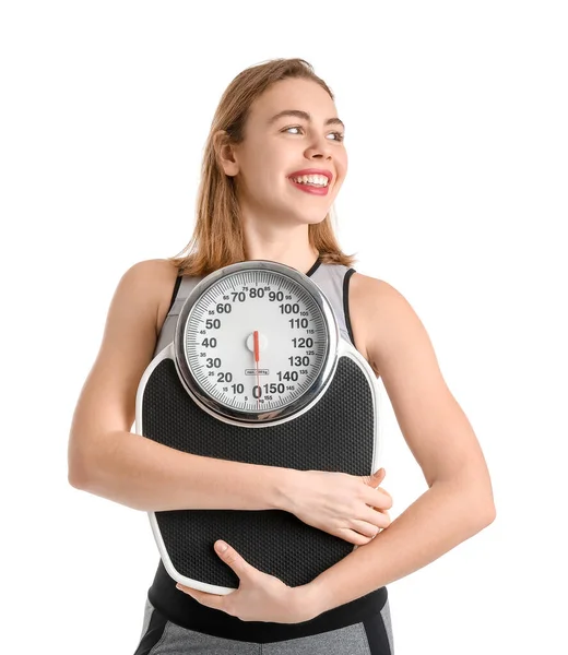 Sporty Young Woman Scales White Background — Stock Photo, Image