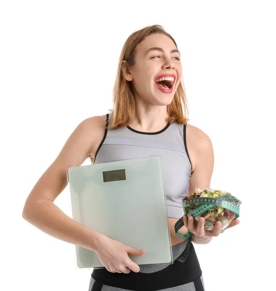 Glückliche Junge Frau Mit Schuppen Und Gemüsesalat Auf Weißem Hintergrund — Stockfoto
