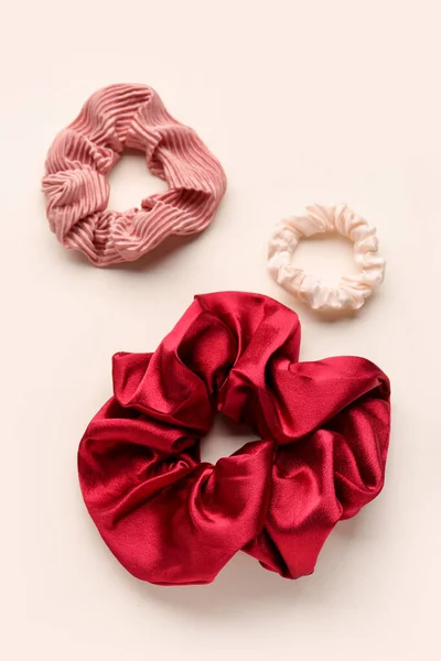 Set Stylish Silk Scrunchies Light Background — Stock Photo, Image