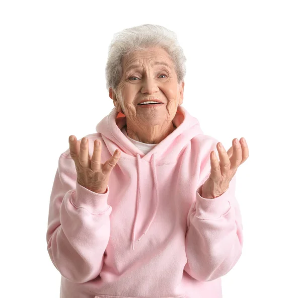 Lycklig Senior Kvinna Vit Bakgrund — Stockfoto