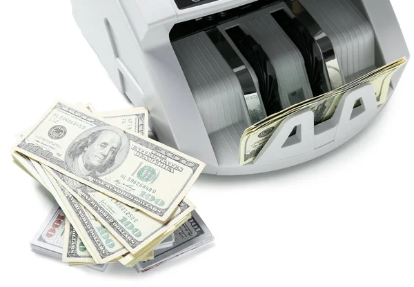 Beyaz Arka Planda Yığınla Dolar Banknotları Olan Modern Para Sayma — Stok fotoğraf