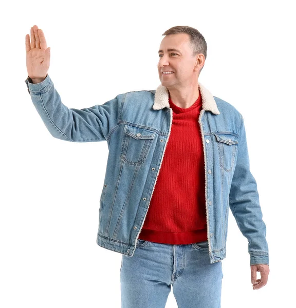 Volwassen Man Zwaait Hand Witte Achtergrond Hallo Concept — Stockfoto