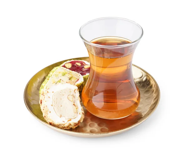 Plate Tasty Turkish Delight Glass Tea Isolated White Background — Stock Photo, Image
