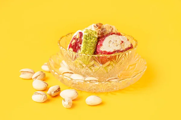 Bowl Tasty Turkish Delight Yellow Background — Stock Photo, Image