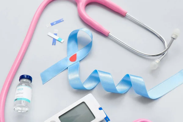 Awareness Ribbon Glucometer Insulin Stethoscope Light Background Diabetes Concept — Stock Photo, Image