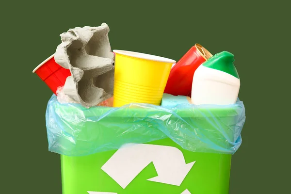 Trash Bin Different Garbage Green Background Closeup — Stock Photo, Image