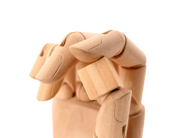 Mão Madeira Com Cubo Isolado Fundo Branco — Fotografia de Stock