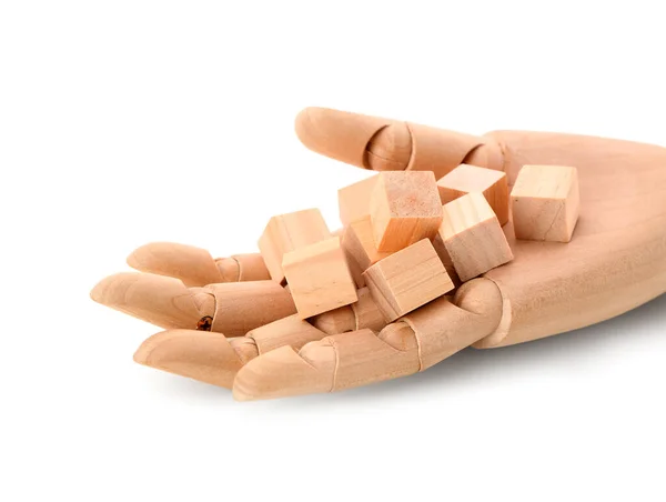 Mão Madeira Com Cubos Isolados Fundo Branco — Fotografia de Stock