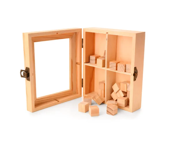 Стильная Деревянная Коробка Кубиками Белом Фоне — стоковое фото