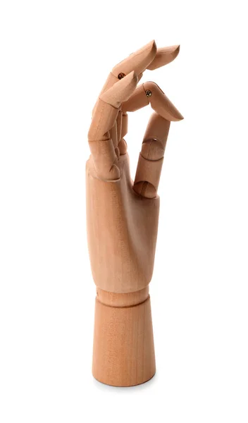 Ξύλινο Χέρι Που Δείχνει Χειρονομία Λευκό Φόντο — Φωτογραφία Αρχείου