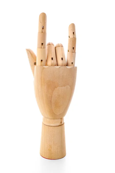 Wooden Hand Showing Love You Gesture White Background — 스톡 사진