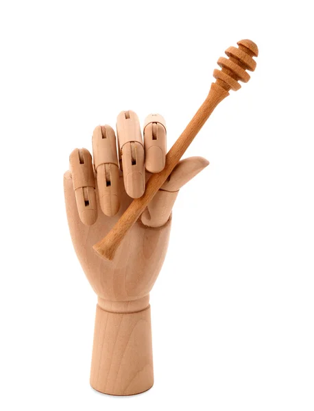 Ξύλινο Χέρι Μέλι Dipper Λευκό Φόντο — Φωτογραφία Αρχείου