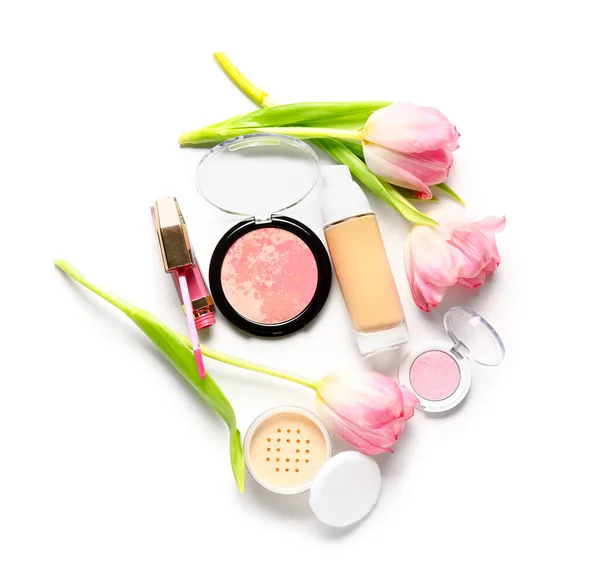 Decorative Cosmetics Tulips White Background — Stock Photo, Image