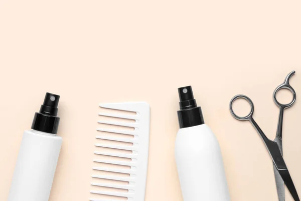 Hair Sprays Comb Brush Beige Background — Stock Photo, Image