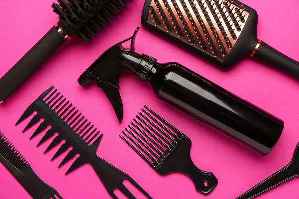 Hairdresser Brushes Spray Pink Background — Stock Photo, Image