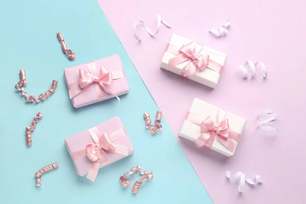 Gift Boxes Beautiful Bows Serpentine Colorful Background — Stock Photo, Image