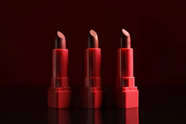Set Beautiful Lipsticks Dark Background — Stock Photo, Image