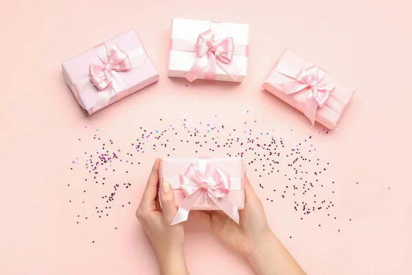 Composition Female Hands Holding Gift Box Pink Background — Stock Photo, Image